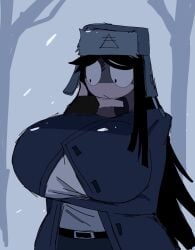 1female 1girls aiden_(kaaatie) big_breasts breasts_bigger_than_head female_only forest fundamental_paper_education hand_on_chin katieverse looking_down momiji_(artist) neutral_expression russian_hat snowing snowy_forest thinking