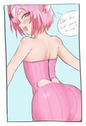 1female 1girls ass butt corset doki_doki_literature_club english_text exspiravitbag natsuki_(doki_doki_literature_club) pink_eyes pink_hair text text_bubble zipper zipper_pull_tab