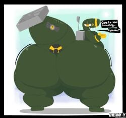 anthro ass big_butt bomb explosives feelingdrowzy firestorm_(raptormocha) hazard_symbol hi_res humor joke lineless looking_at_viewer looking_back male nuclear nuclear_bomb nukite overweight overweight_male radiation_symbol smug solo symbol tail thick_thighs wobble