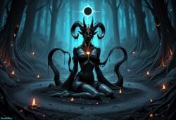 1girls ai_generated black_body black_skin clothed commission dark-skinned_female dark_background dark_skin darkeffect demon demon_girl demon_horns detailed female female_focus female_only forest glowing_eyes looking_at_viewer monster monster_girl nightmare_waifu on_floor on_knees petite petite_body petite_female satanic solo solo_female solo_focus