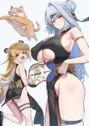 2girls absurdres animal_ears black_dress black_gloves blonde_hair breasts china_dress chinese_clothes clothing_cutout cosplay dress feline female fingerless_gloves fish fish_in_mouth gloves green_eyes hair_bun hair_ornament hand_fan highres holding holding_fan huge_breasts ju_fufu long_hair multiple_girls oerba_yun_fang open_mouth pelvic_curtain ramanda single_fingerless_glove single_glove single_hair_intake solo striped_fur striped_hair sweety_(zenless_zone_zero) sweety_(zenless_zone_zero)_(cosplay) tail tiger_ears tiger_girl tiger_stripes tiger_tail tuanshan white_hair yellow_eyes yixuan_(zenless_zone_zero) zenless_zone_zero