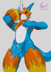 2025 anthro armor athletic athletic_anthro athletic_male balls bandai_namco blue_body blush bodily_fluids clothed clothing clothing_lift crop_top cum cum_drip digimon digimon_(species) digital_drawing_(artwork) digital_media_(artwork) dragon dripping erection evolution evolution_(transformation) flamedramon genital_fluids genital_growth genitals growth headgear helmet hi_res humanoid_genitalia humanoid_penis looking_at_viewer low-angle_view male midriff musk musk_clouds mythological_creature mythological_scalie mythology navel negy penile penis penis_growth precum presenting raised_arm raised_clothing red_eyes scalie shirt shirt_lift simple_background slim solo tail topwear transformation vein veiny_penis white_background