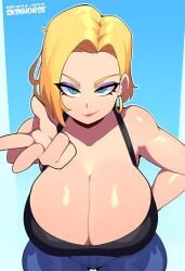1girls ai_generated android android_18 ass big_ass big_breasts big_thighs blonde_female blonde_hair blue_background blue_jeans breasts bust curvaceous curvy curvy_figure digital_media_(artwork) dragon_ball dragon_ball_super dragon_ball_z earrings female front_heavy_breasts front_view gynoid hips hourglass_figure huge_ass huge_breasts huge_thighs human humanoid jeans large_ass large_breasts large_thighs legs light-skinned_female light_skin mature mature_female outline reaching_towards_viewer shounen_jump skinhorse slim_waist smirk smug_smile thick thick_hips thick_legs thick_thighs thighs upper_body voluptuous waist wide_hips