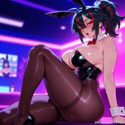 ai_generated animal_ears balecxi bare_shoulders black_hair black_leotard blurry blurry_background blush detached_collar fake_animal_ears female high_heels highleg highleg_leotard knee_up large_breasts looking_at_viewer open_mouth playboy_bunny ponytail rabbit_ears red_bow red_bowtie red_eyes red_hair sitting solo strapless strapless_leotard streaked_hair sweat thighband_pantyhose thighs wrist_cuffs zenless_zone_zero zhu_yuan