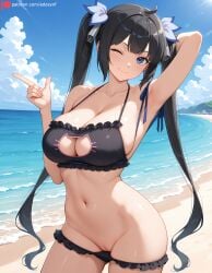 1girls 2026 ai ai_generated arm_behind_head armpits bare_shoulders beach big_breasts bikini bikini_down bikini_pull black_bikini black_hair blue_eyes blue_sky breasts cat_bikini cat_cutout cleavage cleavage_cutout closed_mouth collarbone day dungeon_ni_deai_wo_motomeru_no_wa_machigatteiru_darou_ka edosynf female female_only finger_gun frilled_bikini hestia_(danmachi) highres huge_breasts large_breasts legs_apart long_hair long_twintails looking_at_viewer navel ocean one_eye_closed pointing pussy sea self_upload sexually_suggestive shiny shiny_hair shiny_skin sky smile solo solo_focus standing stomach sunlight thighs twintails uncensored vagina water wink