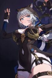 1girls arms_up armwear blue_eyes bodysuit breast_grab breasts cat_ears cat_tail catgirl cipher_(honkai:_star_rail) collar embarrassed female female_only grey_hair hands_on_breasts honkai:_star_rail hoyoverse kadokadokado14 looking_at_viewer looking_down low-angle_view mihoyo standing surrendering tail thighs