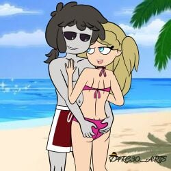 alternate_version_available ass_grab beach bikini black_hair blonde_hair blue_eyes d4rc30_arts dir_arts fhs fhsz3r0 fnafhs fnafhs_z3ro fnafhsrule34 fnafhsxxx fred_(fnafhs) grey_skin huge_ass joy_(fnafhs) seductive swimsuit