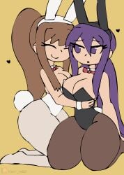 2girls big_breasts black_bunny_ears bowtie bowtie_collar breasts bunny_ears bunnysuit cleavage doki_doki_literature_club female female_only heart hearts monika_(doki_doki_literature_club) purple_eyes purple_hair thick_thighs thighs tony_welt white_bunny_ears yuri_(doki_doki_literature_club)