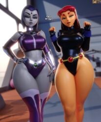 2girls 3d dc dc_comics female female_only hi_res highres koriand'r rachel_roth raven_(dc) smitty34 starfire tagme teen_titans thick_thighs thighs thong_leotard