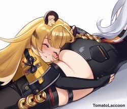 2girls ^_^ animal_ear_fluff animal_ears artist_name ass black_shorts black_thighhighs blonde_hair blush closed_eyes closed_mouth commentary english_commentary happy head_on_ass high-waist_shorts hug jacket ju_fufu long_hair lying multicolored_hair multiple_girls on_stomach paid_reward_available shorts simple_background smile thigh_strap thighhighs tiger_ears tiger_girl tomatolaccoon underbutt very_long_hair white_background white_hair yellow_jacket yixuan_(zenless_zone_zero) yuri zenless_zone_zero