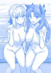 2girls :d absurdres artoria_pendragon artoria_pendragon_(fate) blush braid breasts censored collarbone completely_nude crown_braid fate/stay_night fate_(series) female hair_ribbon haruhisky highres long_hair looking_at_viewer medium_breasts monochrome mosaic_censoring multiple_girls navel nude pussy ribbon saber_(fate) sidelocks sitting smile stomach thighs tohsaka_rin two_side_up very_long_hair