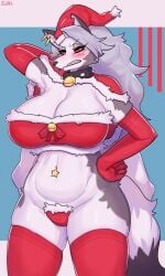 bell blush breasts cleavage collar dress elbow_gloves female gloves hat huge_breasts long_hair red_eyes santa_hat sharp_teeth smile solo thick_eyebrows thick_thighs