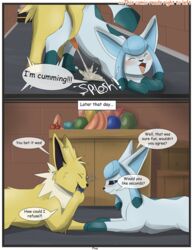 2boys after_sex all_fours anal anal_sex ass_up black_border blue_eyes blue_fur blush canine closed_eyes comic cum cum_while_penetrated doggy_style eating eeveelution feral feral_on_feral food from_behind_position furry gay glace glaceon half-closed_eyes jolteon long_ears male male_only mammal manga_style nintendo nude open_mouth orgasm original_character outdoors paws penetration penis pokémon_(species) pokemon pokemon_dppt pokemon_rgby sex smile text video_games watt white_border white_fur xxgato yaoi yellow_fur