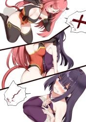 black_hair blush canon_genderswap clothing demon_tail embarrassed erection femboy genderswap_(ftm) hairclip horns io_(princess_connect!) pink_hair princess_connect! princess_connect!_re:dive purple_eyes rule_63 trap watashi_no_hatsukoi_wa_hazukashisugite_dare_ni_mo_ienai yasumi_kaede