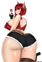 big_ass big_breasts condom female_only gloves hotpants jottun light_skin nipples nipples_visible_through_clothing red_hair sole_female thick_thighs yellow_eyes zentreya zentreya_(dragon)