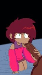 benji_(dumbassarts) big_cock black_skin brown_hair dumbassarts femboy femboysub green_eyes looking_at_another sucking_penis tan_skin