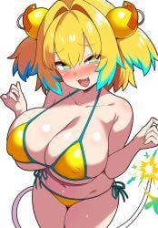 absurdres bikini blonde_hair blush bombergirl breasts cleavage collarbone covered_erect_nipples cowboy_shot curvy female from_above fuse grenade_hair_ornament highres huge_breasts igarashi_gozo looking_at_viewer navel oerba_yun_fang pine_(bombergirl) seductive_smile short_hair side-tie_bikini_bottom simple_background skindentation smile solo swimsuit symbol-shaped_pupils two_side_up yellow_bikini
