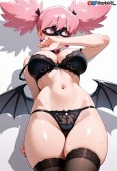 ai_generated bat_wings big_breasts black_mask boku_no_hero_academia cowboy_shot domino_mask earrings haneyama_kazuho kazuho_haneyama large_breasts lingerie mask midriff my_hero_academia my_hero_academia:_vigilantes pink_eyes pink_hair pop_step scarletai_ shiny_skin short_twintails shy slim_waist stable_diffusion standing sweat sweatdrop thick_thighs thighs twintails wings