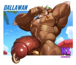 abs anthro balls beard biceps bovid bovine cattle digital_drawing_(artwork) digital_media_(artwork) facial_hair genital_piercing genitals glans hi_res horn humanoid_genitalia humanoid_penis male mammal muscular muscular_male pandarita pecs penis penis_piercing piercing prince_albert_piercing scar sky solo