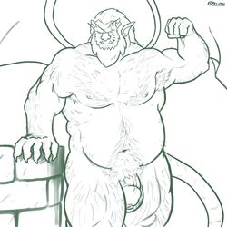 6pklion armpit_hair beard belly_hair body_hair chest_hair disney facial_hair flaccid flexing gargoyle gargoyles hairy_legs happy_trail hudson_(gargoyles) leg_hair looking_at_viewer male male_nipples male_only mature_male monochrome penis pubes scar smile smirk solo wings