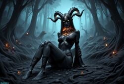 1girls ai_generated black_body black_skin clothed commission dark-skinned_female dark_background dark_skin darkeffect demon demon_girl demon_horns detailed female female_focus female_only forest glowing_eyes looking_at_viewer monster monster_girl nightmare_waifu on_floor orange_eyes petite petite_body petite_female solo solo_female solo_focus