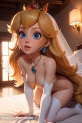 1girls ai_generated all_fours artist_name bed bed_sheet bedroom blonde_hair blue_eyes breasts bridal_gauntlets bridal_veil collarbone crown earrings elbow_gloves eyelashes gem gloves hi_res high_heels indoors jewelry lamp lips long_hair looking_at_viewer mario_(series) medium_breasts necklace nintendo nipples nose nude on_bed parted_lips patreon_username pendant pink_lips princess_peach progenarts solo sphere_earrings super_mario_bros. thighhighs veil very_long_hair web_address white_gloves white_thighhighs window