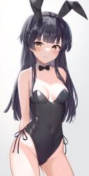 arms_behind_back bare_arms bare_legs bare_shoulders bare_thighs belly_button_visible_through_clothing black_hair black_leotard blush breasts brown_eyes bunny_ears bunnysuit cleavage closed_mouth collarbone detached_collar idolmaster idolmaster_shiny_colors leotard long_hair mayuzumi_fuyuko medium_breasts mochiko_(uyu_omochi) strapless_leotard thighs