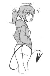 ahoge artist_sona ass bags_under_eyes bottomless demon_tail female hoodie kinky_rat mole_under_eye ponytail skinny small_breasts