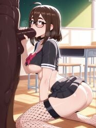 1boy ahoge ai_generated areola_slip ass ayase_momo balls black-framed_eyewear black_choker black_serafuku black_shirt black_skirt blush bow breasts brokewyt brown_eyes brown_hair choker classroom clothed_female_nude_male clothes_lift crop_top dandadan dark-skinned_male dark_skin erection fellatio female fishnets glasses hair_between_eyes indoors interracial kneeling large_breasts looking_at_viewer male medium_hair no_bra nude oral penis pleated_skirt red_bow sailor_collar saliva school_uniform serafuku shirt shirt_lift short_sleeves skindentation skirt solo_focus straight testicles thighhighs uncensored underboob