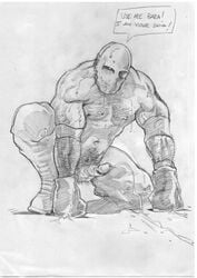 1boy army_of_two bara boots crouching english_text erection hairy human kupopo looking_back male male_only mask monochrome muscle muscles nipples penis solo source_request testicles tyson_rios