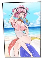 1femboy 1girls beach beach_ball doki_doki_literature_club exspiravitbag natsuki_(doki_doki_literature_club) pink_eyes pink_hair scuba_mask swimwear water water_gun wet