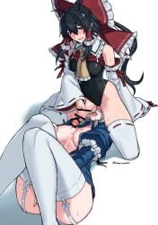 2girls absurdres bare_shoulders black_hair black_leotard blue_dress blush breasts closed_eyes clothes_lift clothing_aside cowboy_shot dress female_masturbation fingering futa_with_female futanari futanari_masturbation garter_straps grey_hair hakurei_reimu highres himadera implied_cunnilingus izayoi_sakuya large_breasts leotard leotard_aside licking licking_testicle masturbation medium_breasts multiple_girls nipples oral precum red_ribbon red_shirt ribbon shirt shirt_lift simple_background solo testicles textless_version thighhighs tongue tongue_out touhou white_background white_thighhighs