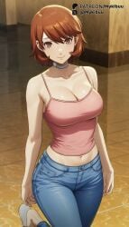 ai_generated armpit_crease atlus bare_arms bare_shoulders blue_pants blurry blurry_background breasts brown_eyes brown_hair camisole choker cleavage closed_mouth collarbone crop_top denim earrings female foot_out_of_frame hair_between_eyes indoors jeans jewelry large_breasts looking_at_viewer mature_female medium_hair midriff mykibuu navel pants persona persona_3 persona_3_reload pink_camisole pink_shirt sandals shirt short_hair sleeveless slippers smile solo spaghetti_strap standing standing_on_one_leg stomach stud_earrings swept_bangs tile_floor tiles white_choker white_footwear yukari_takeba yukari_takeba