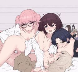 6+girls ahoge ai_(girls_band_cry) awa_subaru black_hair blue_eyes blue_hair blush breasts brown_hair chinese_commentary commentary_request diamond_dust_(girls_band_cry) ebizuka_tomo everyone fingering gangbang girls_band_cry glasses grey_eyes grey_hair group_sex highres hina_(girls_band_cry) iseri_nina kawaragi_momoka long_hair medium_breasts multiple_girls nana_(girls_band_cry) one_side_up open_mouth pink_hair rin_(girls_band_cry) rupa_(girls_band_cry) saliva shirt short_hair small_breasts sweat togenashi_togeari white_hair white_shirt yellow_eyes yun_cao_bing yuri