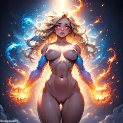 ai_generated blonde_hair boobylover25 fire glowing_eyes medium_breasts naked_female power superheroine tan_body toned_female water