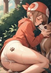 affectionate affectionate_cord ai ai_generated anime_character anime_style blush blush brown_hair close-up close-up_pussy cum_on_body cute_girl detailed detailed_background digital_art female female forest forest_background furry intimate intimate_pose may_(pokemon) nature nature_background orange_hoodie outdoor_nudity red_bandana soft_shading summer summertime_saga sunlight sunlight_rays tender_moment white_pantiesoutdoors