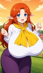 ai_generated blue_eyes breasts_bigger_than_head cremia elf_ears female gigantic_breasts huge_breasts majora's_mask smile the_legend_of_zelda wide_hips