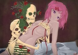 bones breasts doki_doki_literature_club natsuki_(doki_doki_literature_club) navel nipples octa0 pink_eyes pink_hair ribcage ribs rose rose_(flower) roses skeleton skinny skull teeth visible_ribs