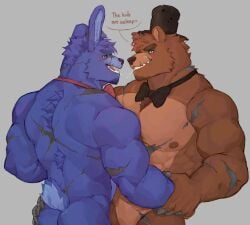 2boys after_kiss anthro anthro_male anthro_only ass ass back_muscles bara bear black_bow_tie black_bowtie black_hat black_top_hat black_tophat blue_body blue_eyes blue_eyes_male blue_fur bonnie_(fnaf) bow_tie_only bowtie bowtie_only broad_shoulders brown_body brown_fur buff bunny couple_(romantic) dialogue digital_drawing_(artwork) digital_media_(artwork) drool_string duo duo_male ear english english_dialogue expired_butter facing_partner five_nights_at_freddy's five_nights_at_freddy's_4 floppy_ear fnaf fnaf_4 freddy_(fnaf) fronnie fur furry furry_male furry_only gray_background gray_sclera grey_background grey_sclera groping groping_ass hair_tuft hand_on_ass hat holding_arm imminent_sex jpeg lagomorph looking_at_partner male male_ass male_butt male_nipples male_only masculine masculine_male muscles muscular muscular_anthro muscular_arms muscular_back muscular_male nightmare_bonnie nightmare_bonnie_(fnaf) nightmare_freddy nightmare_freddy_(fnaf) no-human no_human no_humans no_penetration no_sex no_visible_genitalia only_male open_mouth pecs plain_background questionable rabbit red_bow_tie red_bowtie red_eyes red_eyes_male saliva saliva_string saliva_trail scar scars scars_all_over scottgames simple_background slobber small_eyes spit spit_trail standing teeth top_hat tophat touching_ass ursid ursine video_games yaoi