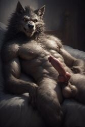 adam360 ai_generated anthro balls bed canid canine canis erection furry male male_only penis werewolf wolf