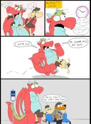 2023 anthro awkward base_three_layout bench black_body blockage_(layout) bodily_fluids bottomwear bovid brown_body bus_stop canid canine canis caprine clothing cock_hanging comic daztoons dialogue domestic_dog dragon duo english_text four_frame_image group hi_res horizontal_blockage jago_(daztoons) looking_at_clock lube lube_bottle male mammal membrane_(anatomy) membranous_wings musclegut muscular mythological_creature mythological_scalie mythology newspaper nude pants pecs red_body running scalie sheep shervin_(daztoons) shirt sitting speech_bubble sweat tail text three_row_layout topwear wings
