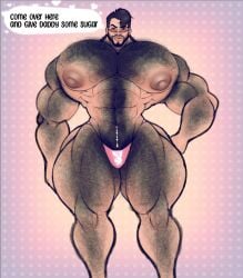 1boy abs arm_hair bara biceps big_muscles big_nipples big_pecs big_thighs chest_hair english_text facial_hair hairy hairy_male hyper hyper_muscles large_pectorals leg_hair legs male male_focus male_only muscular muscular_arms muscular_chest muscular_legs muscular_male muscular_thighs nipples pecs pectorals psbaradungeon solo solo_male text thick_thighs thighs thong