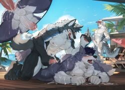 absurd_res anthro archermagnum balls bed canid canine canis cape clothing dr.kiyo duo felid furniture gay gay_male genitals hi_res humanoid_genitalia humanoid_penis male male/male mammal muscular muscular_male pantherine penis sex sex_on_the_beach snow_leopard thunderrangers wolf yaoi