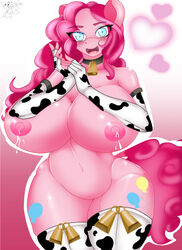 <3_eyes anthro armwear big_breasts blue_eyes blush breasts clothing collar cowbell cutie_mark earth_pony elbow_gloves equine female friendship_is_magic gloves hair handmantoot heart horse huge_breasts lactation legwear long_hair mammal milk my_little_pony nipples nude pink_hair pinkie_pie_(mlp) pony pose solo straight_hair thigh_highs voluptuous