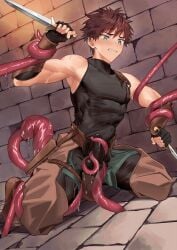 1boy abs anal anal_insertion anal_sex armpits arms_up assless_chaps balls balls_under_clothes belly_bulge biceps big_bulge blue_eyes blush bodysuit bondage brick_floor brick_wall brown_hair bulge bulge_through_clothing clenched_teeth dagger dual_wielding duo erection erection_under_clothes eyelashes fingerless_gloves full_body gauntlets gay genital_outline gloves handjob hi_res holding_penis holding_weapon inflated_belly kneeling male male_only male_penetrated male_rape_victim mature_male monster mucus muscles muscular muscular_arms muscular_male nayoshi_(r-744) original original_character pecs penis precum precum_bubble precum_through_clothing raped raped_by_monster restrained restrained_arms restrained_legs restrained_wrists scar scar_on_arm sex short_hair shorts sleeveless spread_legs straps sweat sweatdrop tentacle tentacle_around_arm tentacle_around_leg tentacle_around_penis tentacle_bondage tentacle_penetration tentacle_rape tight_clothing torn_clothes tough_guy trapped triceps wince yaoi young