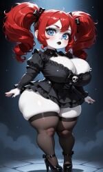 1female 1girls ai_generated big_breasts black_dress black_fingernails black_high_heels black_lips black_lipstick black_nail_polish black_nails black_ribbon blue_eyes blush breasts cleavage curly_hair dress female female_focus female_only freckles freckles_on_face goth goth_girl gothic gothic_girl gothic_lolita high_heels hips lips lipstick lolita_fashion looking_at_viewer poppy_(poppy_playtime) poppy_playtime red_hair ribbon short_stack shortstack skull thick_thighs thighhighs thighs twintails twintails urikoito wide_hips