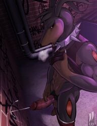abs alley anthro bandai_namco bodily_fluids brick_wall canid canine clothed clothing clothing_lift collar cum cum_on_wall digimon digimon_(species) dobermon dumpster ejaculation foreskin genital_fluids genitals graffiti graffiti_on_wall hi_res iudicium86 male mammal masturbation muscular penis pubes retracted_foreskin shirt shirt_lift solo spiked_collar spikes topwear wall_(structure)