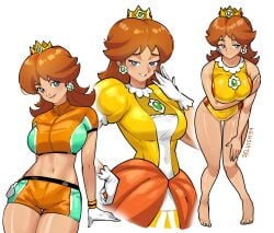 1girls alternate_costume artist_name bare_shoulders barefoot blue_eyes breasts brown_hair crown dress earrings female flower_earrings gloves looking_at_viewer mario_(series) mario_and_sonic_at_the_olympic_games mario_strikers navel nintendo official_alternate_costume princess_daisy selvish94 shiny_skin short_gloves short_hair shorts smirk smug smug_expression smug_face thighs turtleneck white_background white_gloves