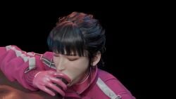 3d alice_(nikke) alice_(nikke)_(cosplay) black_hair black_male blender blowjob breasts brown_eyes crotch dark-skinned_male dark_background eve_(stellar_blade) fellatio goddess_of_victory:_nikke interracial large_penis long_hair open_mouth ponytail shiny_skin slayed.coom stellar_blade tagme very_dark_skin video