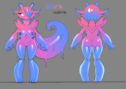 2025 2_antennae 3_toes 4_fingers absurd_res alien antennae_(anatomy) anthro areola artist_name ass big_tail biped blue_body blue_tail breasts claws digital_media_(artwork) dragon empty_eyes feet female female_anthro finger_claws fingers genitals glistening glistening_arms glistening_body glistening_breasts glistening_butt glistening_legs glistening_tail goo_creature goo_hair grey_background hair hair_over_eye hi_res hybrid innie_vulva model_sheet multicolored_body multicolored_tail mythological_creature mythological_scalie mythology navel nipples nude nude_anthro nude_female pointy_ears pseudo_hair purple_areola purple_body purple_nipples purple_tail pussy scalie simple_background slime smile solo tail text toes velira_(voiderino) voider_(artist) vulva white_eyes